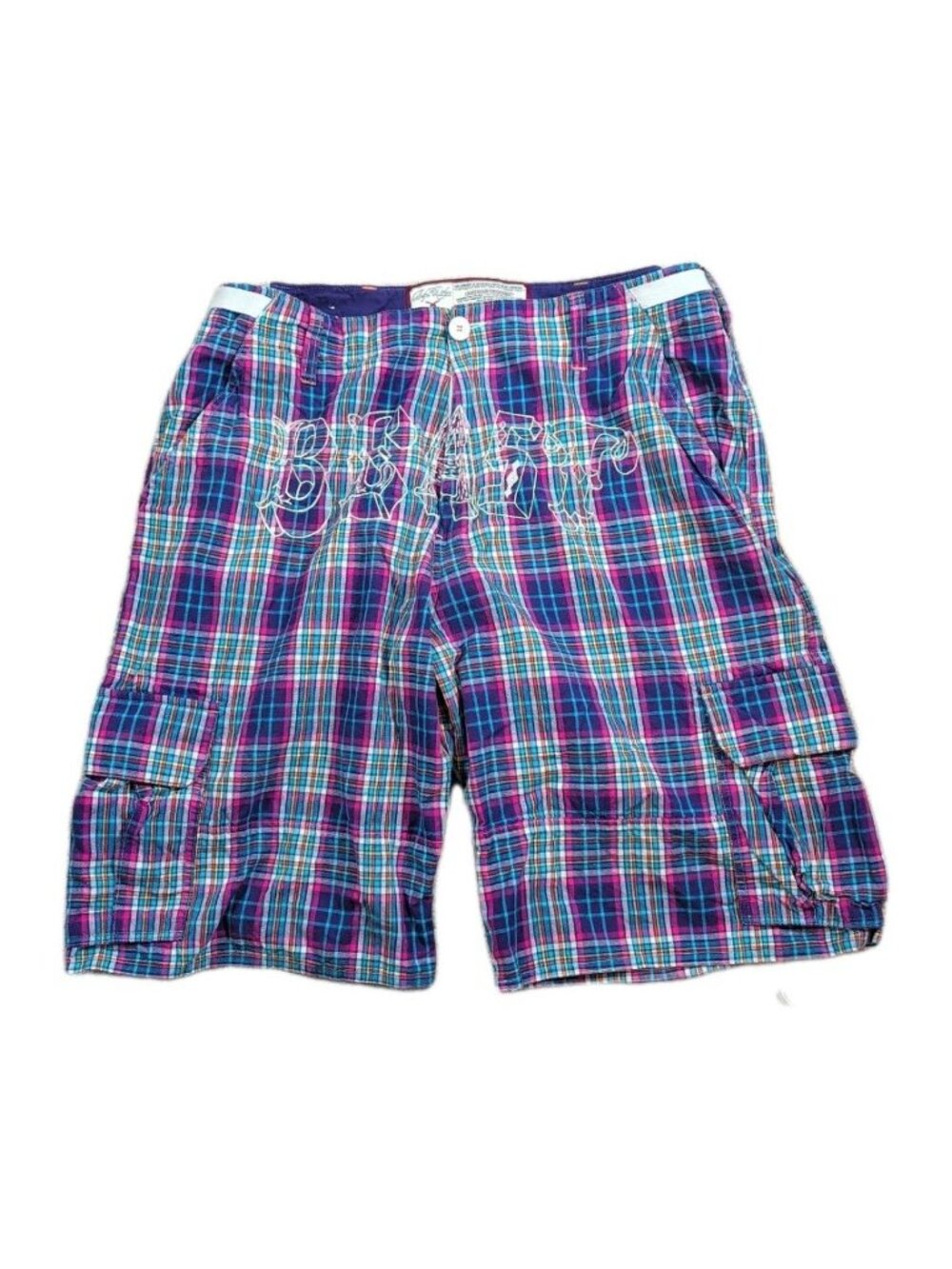 Artful Dodger Cargo Shorts Mens Purple Plaid W38" Y2K Baggy Skater Y2K Punk